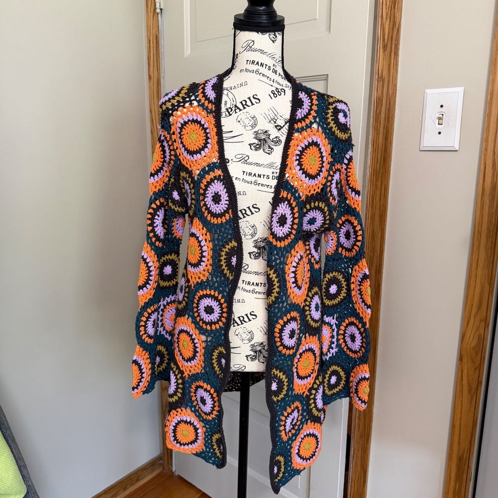 Moth Anthropologie Crochet Cardigan S/M Boho Circle Granny Square Festival Retro